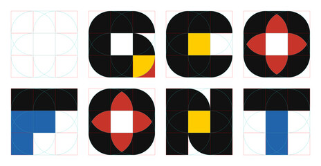 Editable Bauhaus geometric font concept with grid template + tutorial.
