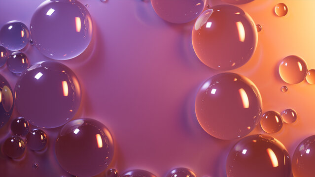 Orange and Violet Background with Dew Droplets on Surface. Modern Banner with Copy-Space.