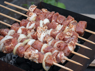 Shashlik is fried on the grill. Meat on skewers with onions.