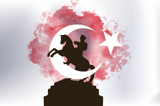 Ataturk on the prancing horse and the Turkish flag behind him. Vector illustration