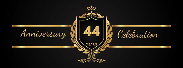 44 years anniversary celebration logotype with golden laurel and wreath vector. Anniversary celebration template design for booklet, brochure, leaflet, magazine, birthday party, banner, greeting.