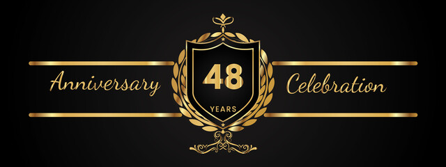 48 years anniversary celebration logotype with golden laurel and wreath vector. Anniversary celebration template design for booklet, brochure, leaflet, magazine, birthday party, banner, greeting.