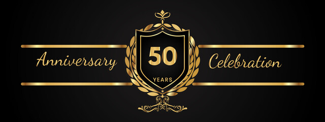 50 years anniversary celebration logotype with golden laurel and wreath vector. Anniversary celebration template design for booklet, brochure, leaflet, magazine, birthday party, banner, greeting. - obrazy, fototapety, plakaty