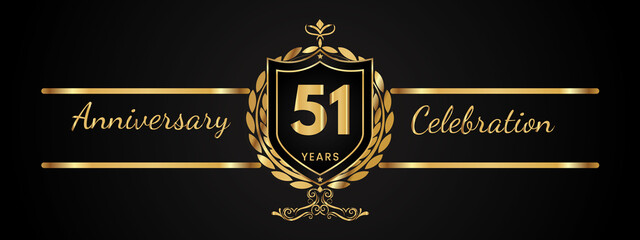 51 years anniversary celebration logotype with golden laurel and wreath vector. Anniversary celebration template design for booklet, brochure, leaflet, magazine, birthday party, banner, greeting.