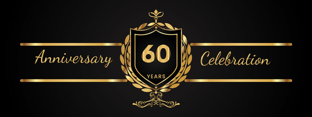 60 years anniversary celebration logotype with golden laurel and wreath vector. Anniversary celebration template design for booklet, brochure, leaflet, magazine, birthday party, banner, greeting.