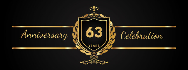 63 years anniversary celebration logotype with golden laurel and wreath vector. Anniversary celebration template design for booklet, brochure, leaflet, magazine, birthday party, banner, greeting.