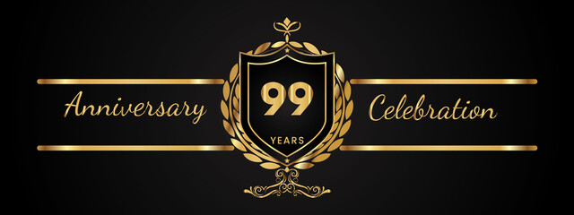 99 years anniversary celebration logotype with golden laurel and wreath vector. Anniversary celebration template design for booklet, brochure, leaflet, magazine, birthday party, banner, greeting.