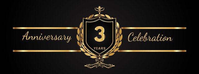 3 years anniversary celebration logotype with golden laurel and wreath vector. Anniversary celebration template design for booklet, brochure, leaflet, magazine, birthday party, banner, greeting.