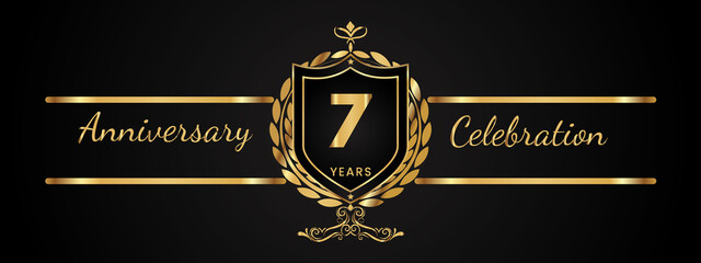 7 years anniversary celebration logotype with golden laurel and wreath vector. Anniversary celebration template design for booklet, brochure, leaflet, magazine, birthday party, banner, greeting.