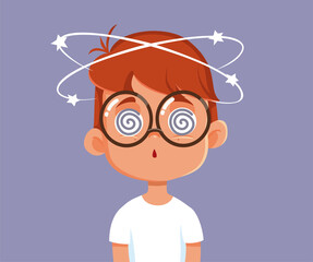 Little Boy Feeling Dizzy and Nauseated Vector Cartoon. Child suffering from exhaustion having blurry vision
 - obrazy, fototapety, plakaty