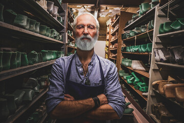Portrait of senior man dressed in apron with crossed arms around shelfs with shoes.
