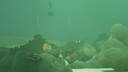 Creepy Sunken Ship with Coral 3D Illustration Graphic Model