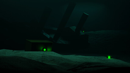 Mysterious Sunken Ship with Glowing Green Crystal Balls 3D Illustration