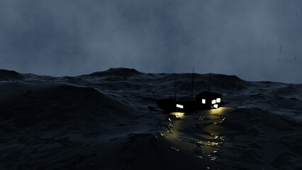 Mysterious Ship in Ocean During Rain Storm 3D Graphic Illustration