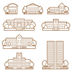 様々な建物の正面図のイラスト.