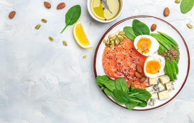 Ketogenic diet breakfast. salmon, avocado, cheese, egg, spinach and nuts. Healthy fats, clean eating for weight loss. banner, menu, recipe place for text, top view