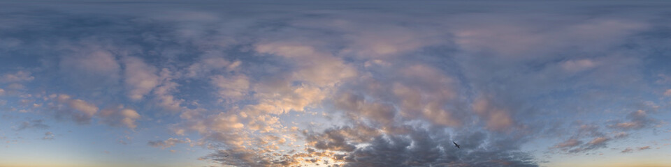Dark blue sunset sky panorama with pink Cumulus clouds. Seamless hdr 360 panorama in spherical equirectangular format. Full zenith for 3D visualization, sky replacement for aerial drone panoramas.