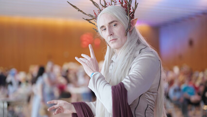 Elven king cosplay pose for camera at comic con