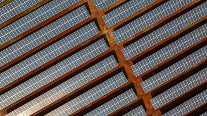 Aerial top view solar panels solar cell in solar farm and sun lighting reflect, Aerial view photovoltaic plant field.