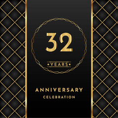 32 years anniversary celebration golden color with circle ring isolated on black background for the anniversary celebration event, wedding, greeting card, brochure, birthday party, and Invitation.
