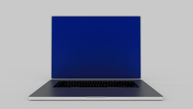 Opening laptop with blank blue screen on white background. The laptop appears on the right