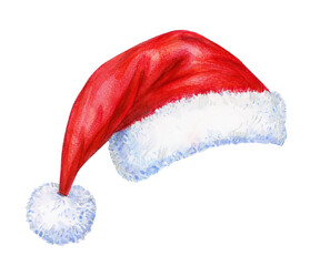 Red Santa Claus hat, isolated on white. Watercolor illustration.
