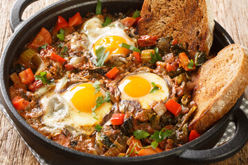 Vegetable soup with eggs Acquacotta Maremmana served with homemade bread close-up in a saucepan on the table. horizontal