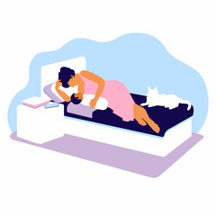 Fototapeta premium Woman with newborn baby alone at home with child. The first days of the postpartum period. Lying breastfeeding position. Vector illustration