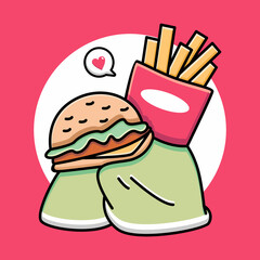 Hamburger with french fries cartoon design