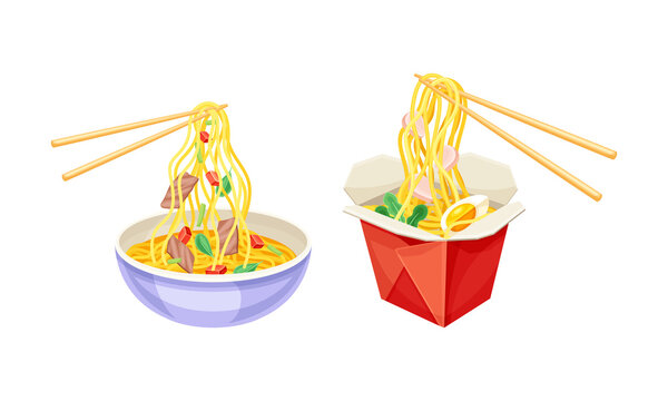 Asian noodles in bowl and take away box vector illustration