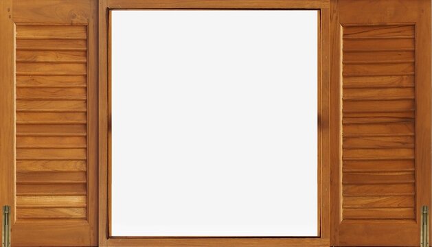 Old wooden window frame painted brown vintage isolated on a white background