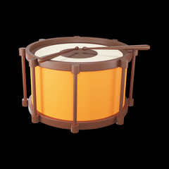 Brown And Orange Snare Drum 3D Icon Against Black Background.
