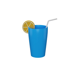 Blue Drink Glass Decorate With Lemon Slice And Straw 3D Icon.