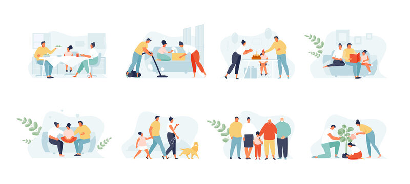 Family spending time together. Happy moments of family life, children and parents. Vector set