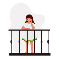 Illustration Of Cute Girl Standing At Balcony On White Background.
