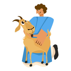 Cartoon Islamic Man Holding Goat Animal In Sitting Pose Against White Background.