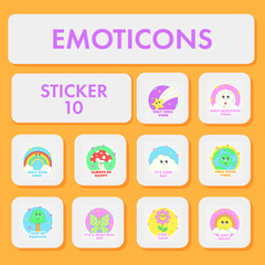 Flat Style Colorful Emoticons Sticker Set On Orange And Gray Background.