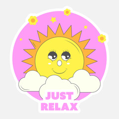 Sticker Style Just Relax Lettering With Smiley Sun, Flowers, Stars, Clouds On Pink And Gray Background.
