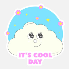 Sticker Style It's Cool Day Font With Cartoon Cloud, Flowers, Stars On Blue And White Background.