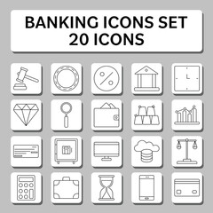 Black Linear Style Banking Icon Set on Grey Sqaure Background.