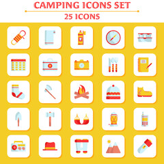 Yellow And Red Illustration Of Camping Icon Set In Flat Style.