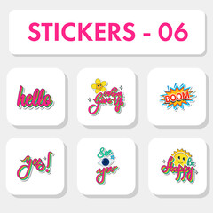 Sticker Style Hello, Never Give Up, Smiley Flower, Comic Boom, Yes!, See You, Eye, Be Happy, Sun On White Background.