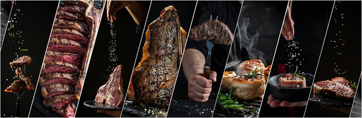 Variety of Dry Aged Barbecue Porterhouse Steak T-bone beef steak sliced. Tenderloin fillet mignon grilled. menu recipe Long banner format, top view - obrazy, fototapety, plakaty