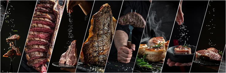 Foto op Aluminium Variety of Dry Aged Barbecue Porterhouse Steak T-bone beef steak sliced. Tenderloin fillet mignon grilled. menu recipe Long banner format, top view © Надія Коваль