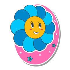 Sticker Style Funny Flower On Pink And White Background.