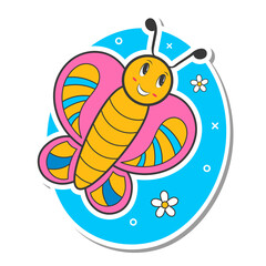 Sticker Style Funny Butterfly With Flowers On Blue And White Background.