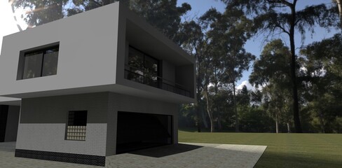 Corner view on the high tech house with white masonry facade - 3d render
May be useful for advertising luxury real estate. 
Good for resources about contemporary real estate design.
