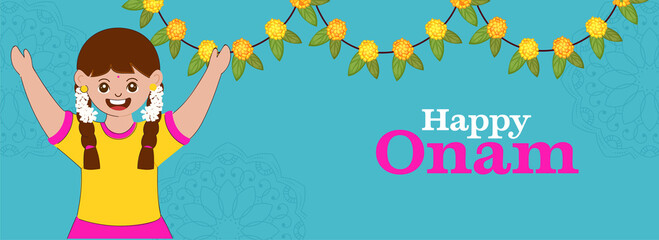 Obraz na płótnie Canvas Happy Onam Celebration Banner Design With Cheerful Girl Raising Hands Up And Floral Garland (Toran) On Blue Mandala Pattern Background.