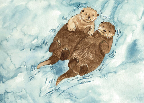 Otter Liebe Freundschaft Watercolor Aquarell Illustration Vektor