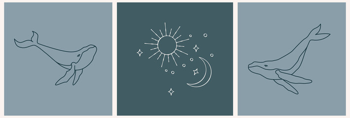 Logo template in linear golden style. Whale with the moon. Esoteric illustration with moon and stars